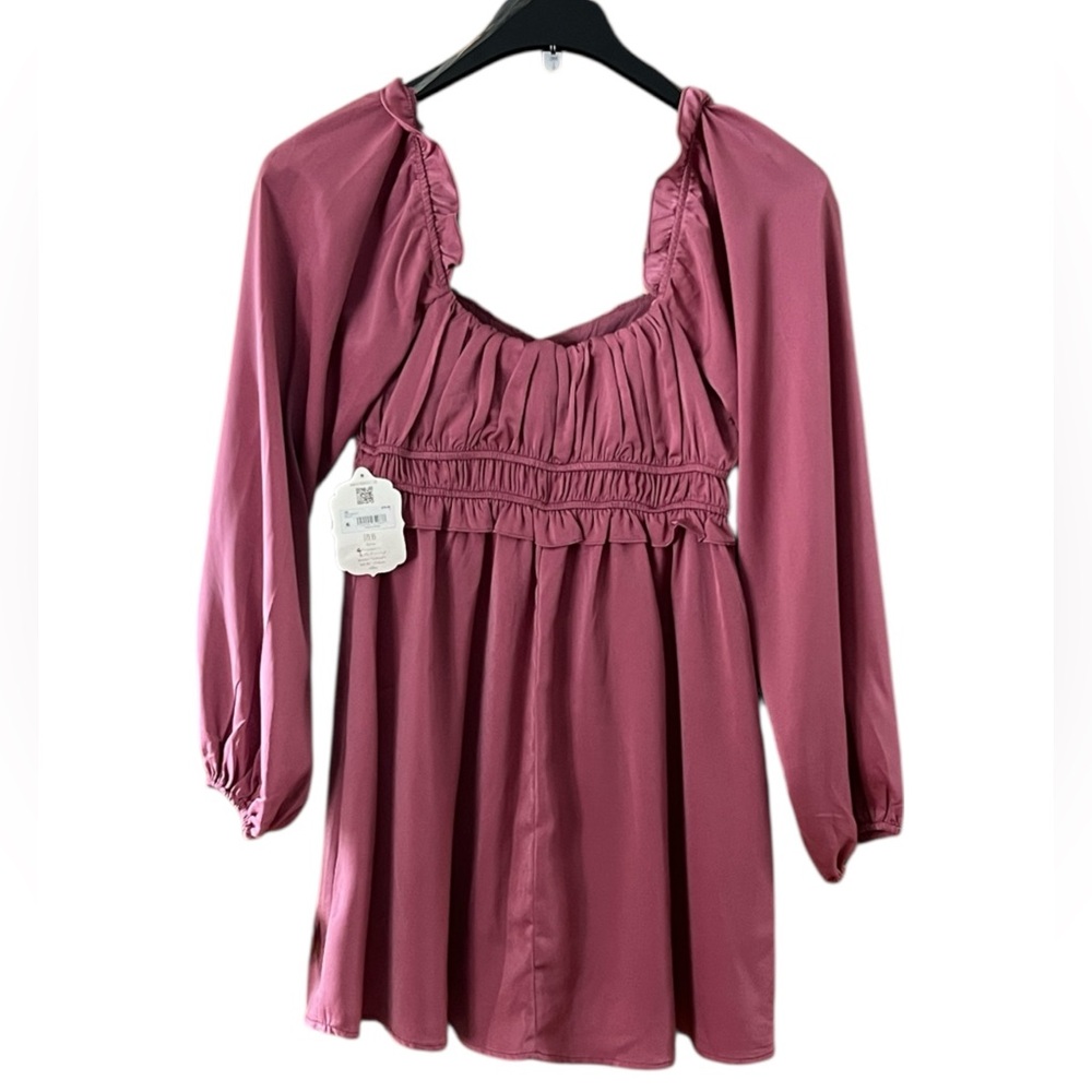 Altar'd State Mauve Ruffled Smocked Waist Long Sleeve Off Shoulder Dress peasant - Picture 2 of 13